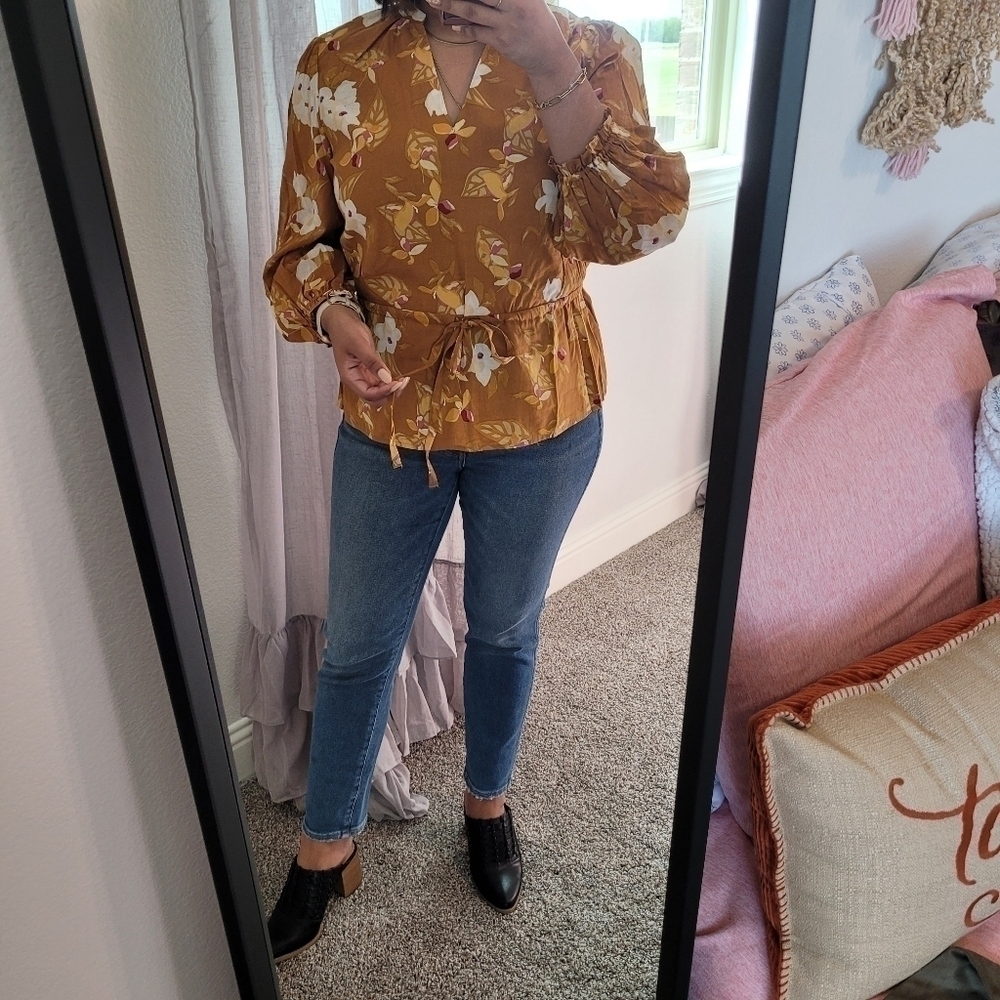 New! Bohemian Peasant Orange Rust Floral Tropical Top Blouse